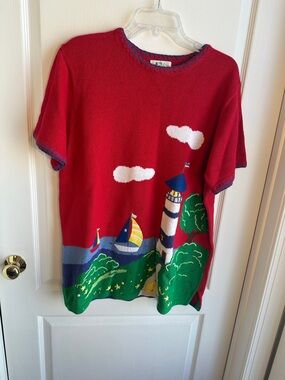 Quaker Factory Red Nautical Lighthouse Knit Top. Sz L